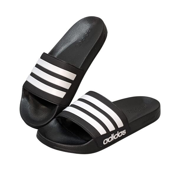 NWOT Adidas Adilette Shower Slip On Sandals Slides Core Black White  Mens 11 - Picture 1 of 9